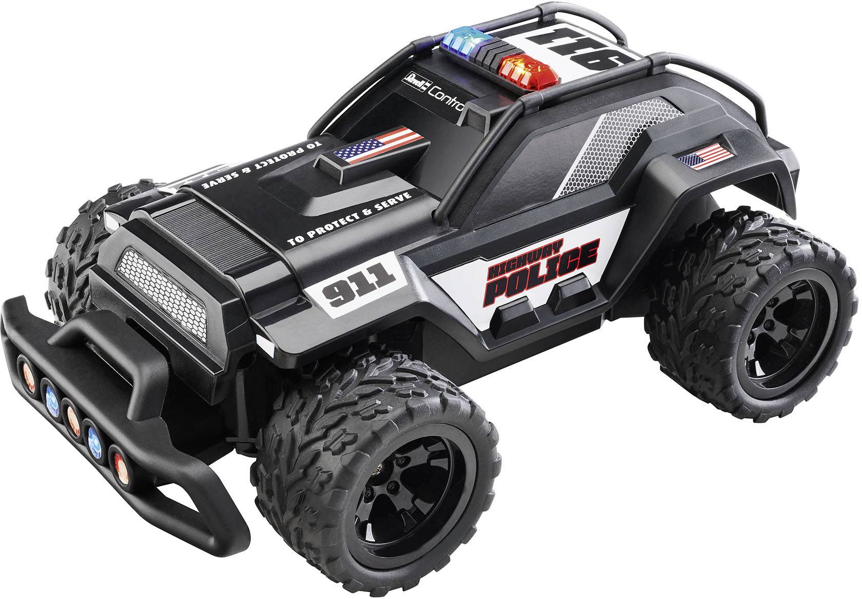 Toy police car in an off-road style, black with '911' and 'Police' stickers, flashing lights, and chunky tyres.