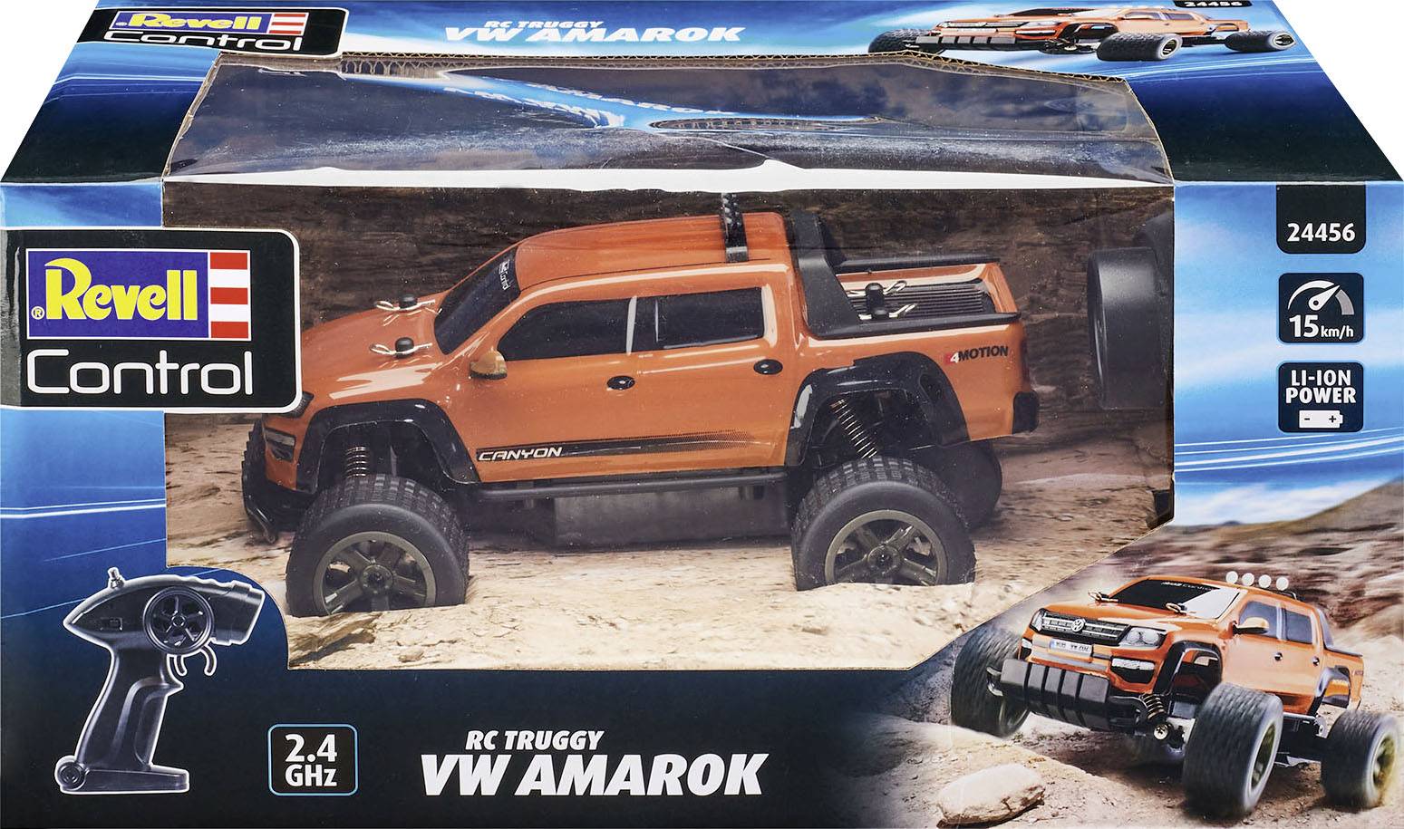 An orange remote-controlled 4x4 vehicle packaging 'VW Amarok' by Revell Control, suitable for ages 15 and up, 2.4 GHz.