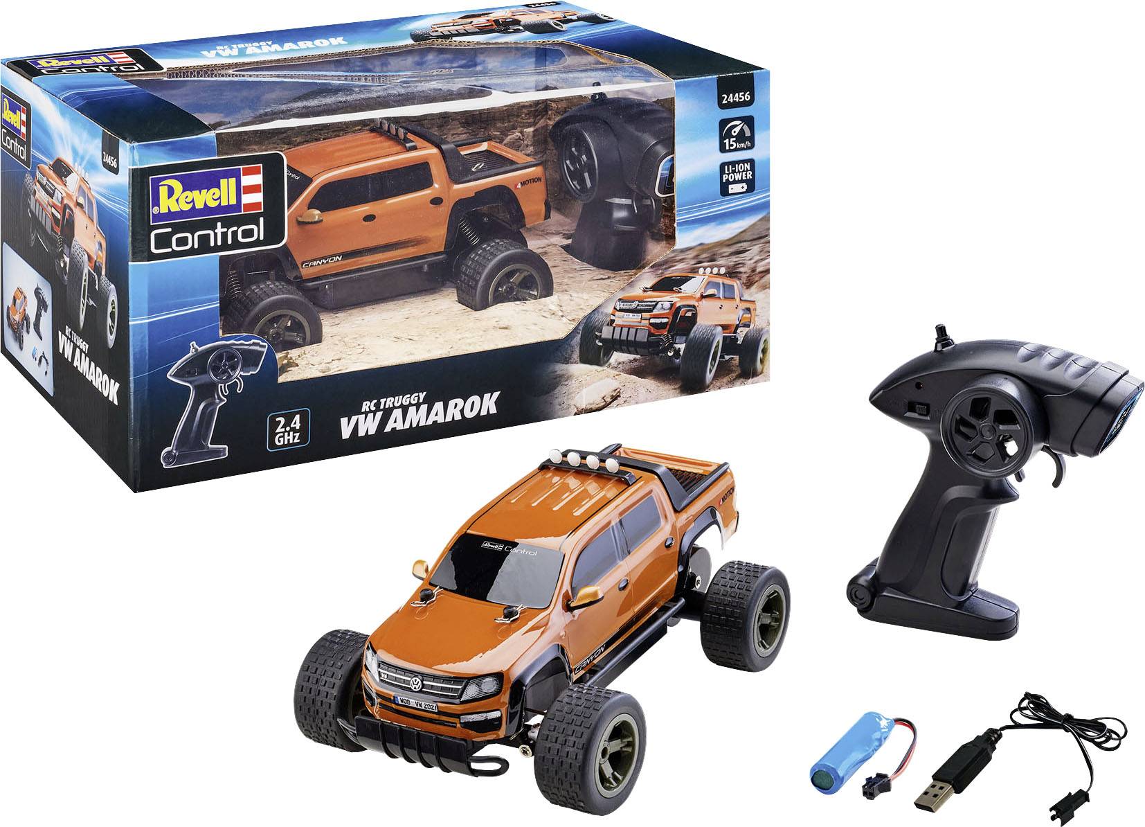 'Revell Control VW Amarok RC Truck' in orange, presented on packaging. Includes remote control, charger and battery.