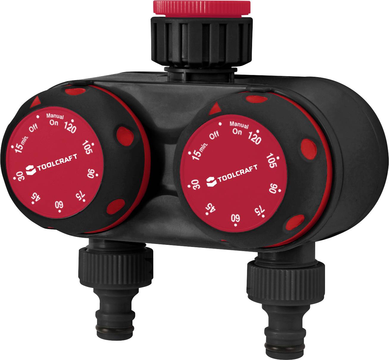 Two-way water distributor with red rotary controls and black connections. 'TOOLCRAFT' brand name visible on the controls.