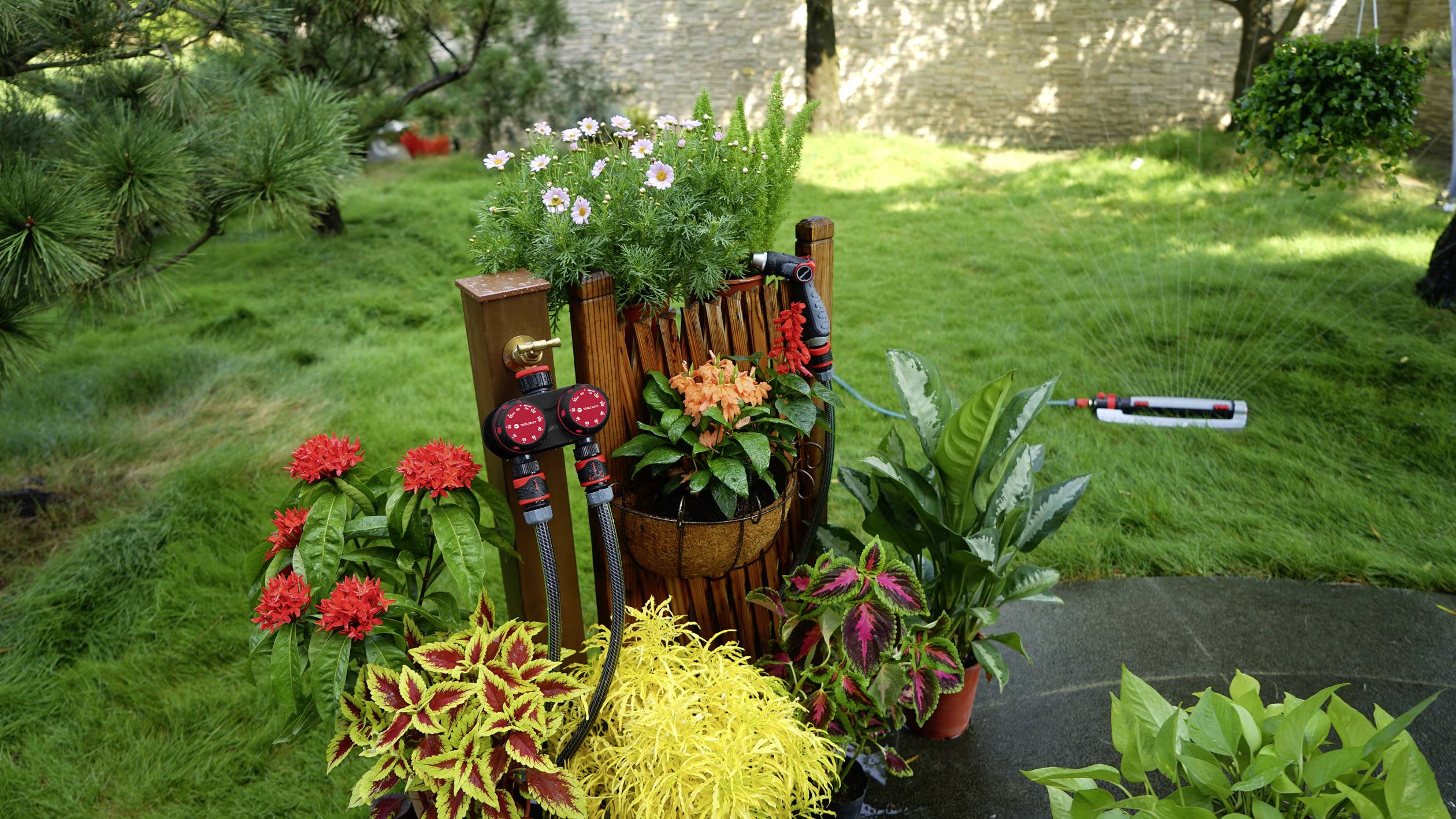 A collection of colourful flowers and plants in a planted wooden barrel in a verdant garden. In the background, water sprays from a lawn sprinkler.