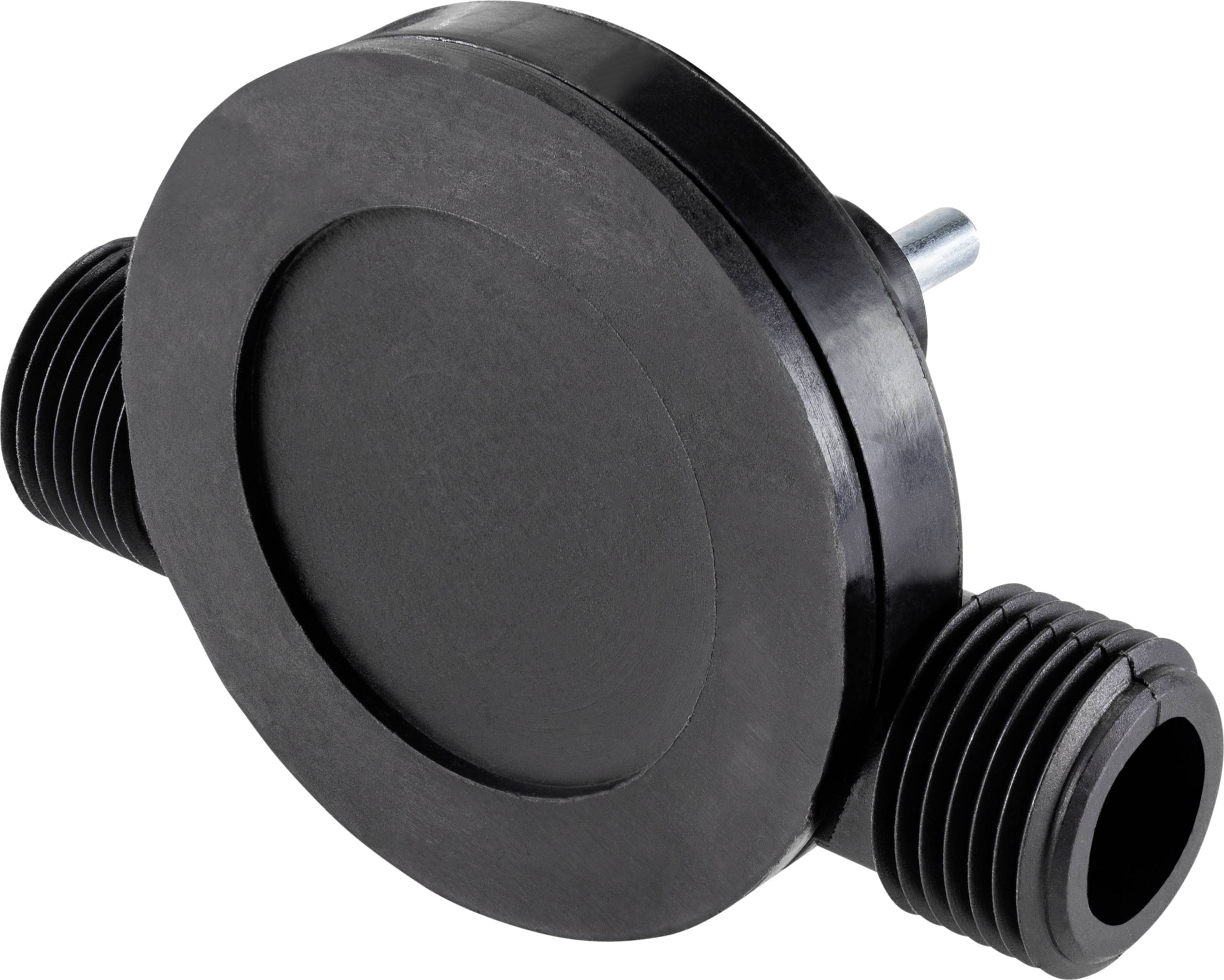 Black plastic connector with two lateral threaded outlets and a central cylinder on the top surface, suitable for pipe systems.