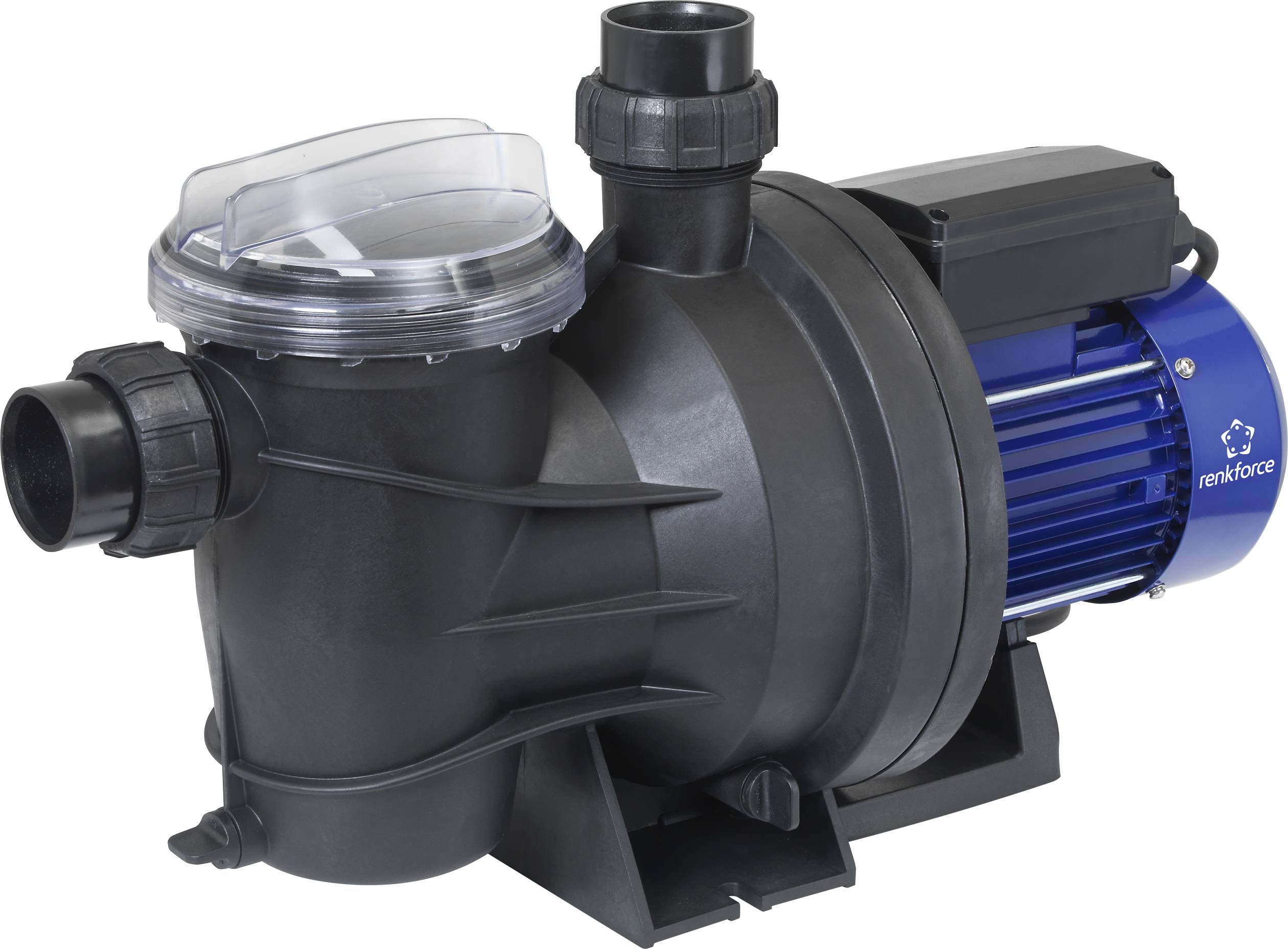 Renkforce water pump in black and blue with transparent lid, suitable for garden irrigation or small pond systems.