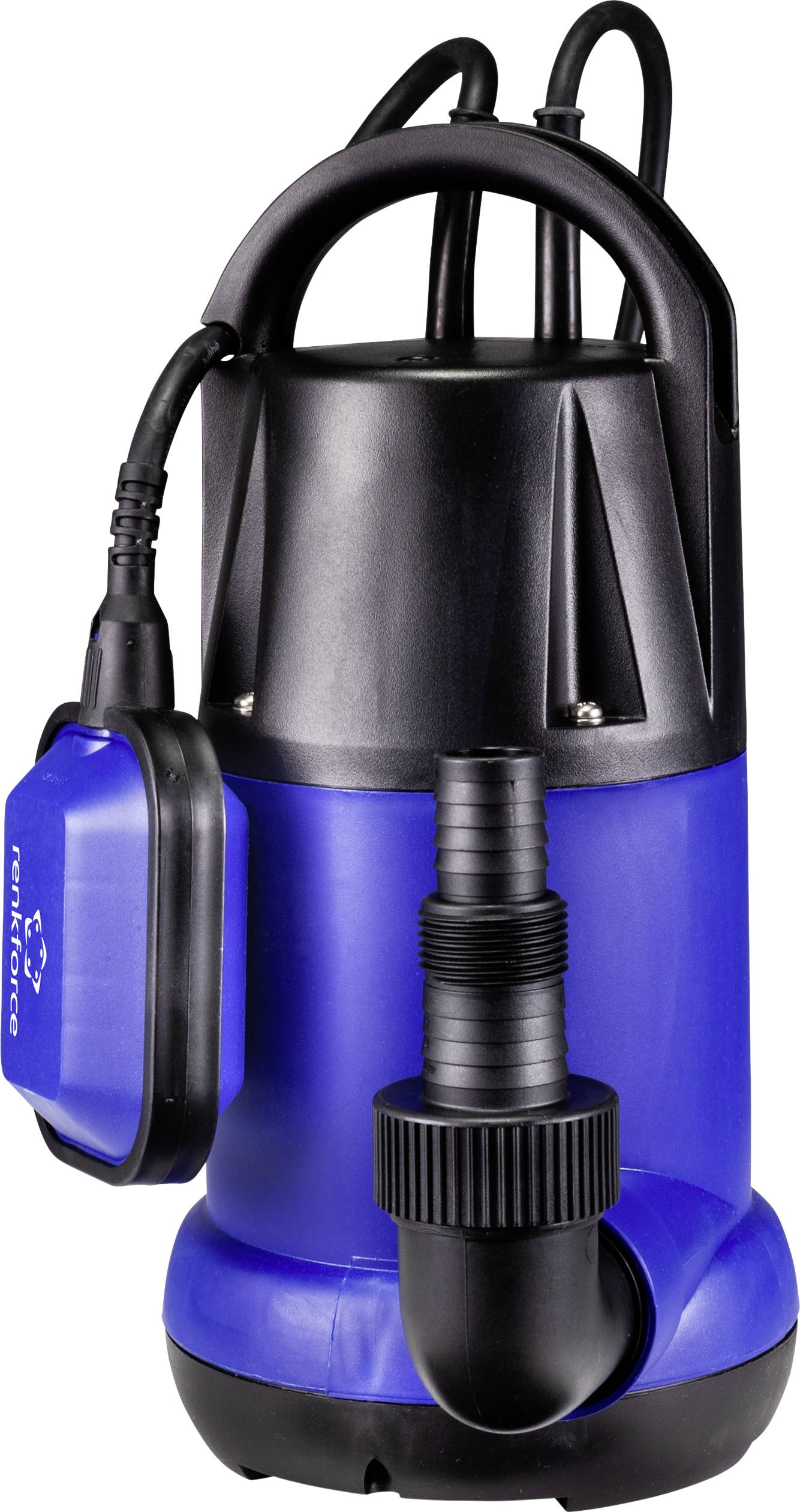 Blue submersible pump with a black handle and black connection, as used in water supply and drainage.