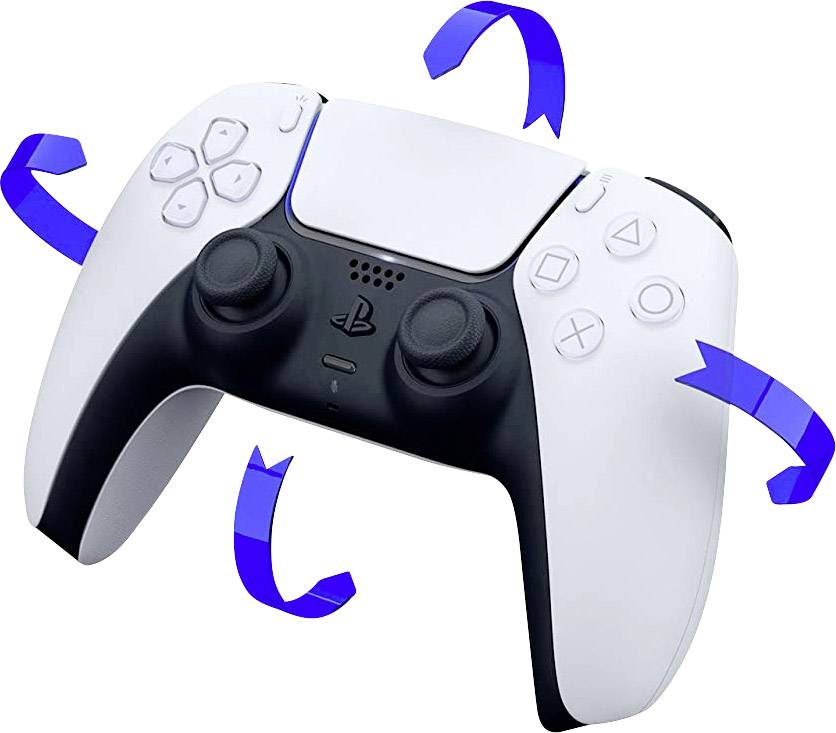A white and black video game controller with blue arrows indicating rotational movements around the controller.