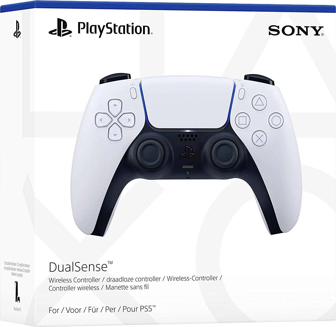 PlayStation DualSense Controller Packaging, showing the wireless, white gamepad for the PS5 with blue accent and buttons.