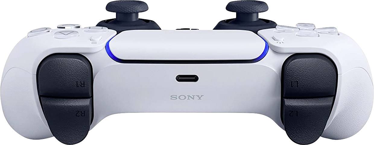 A white games controller with black accents and multiple buttons, suitable for video games.