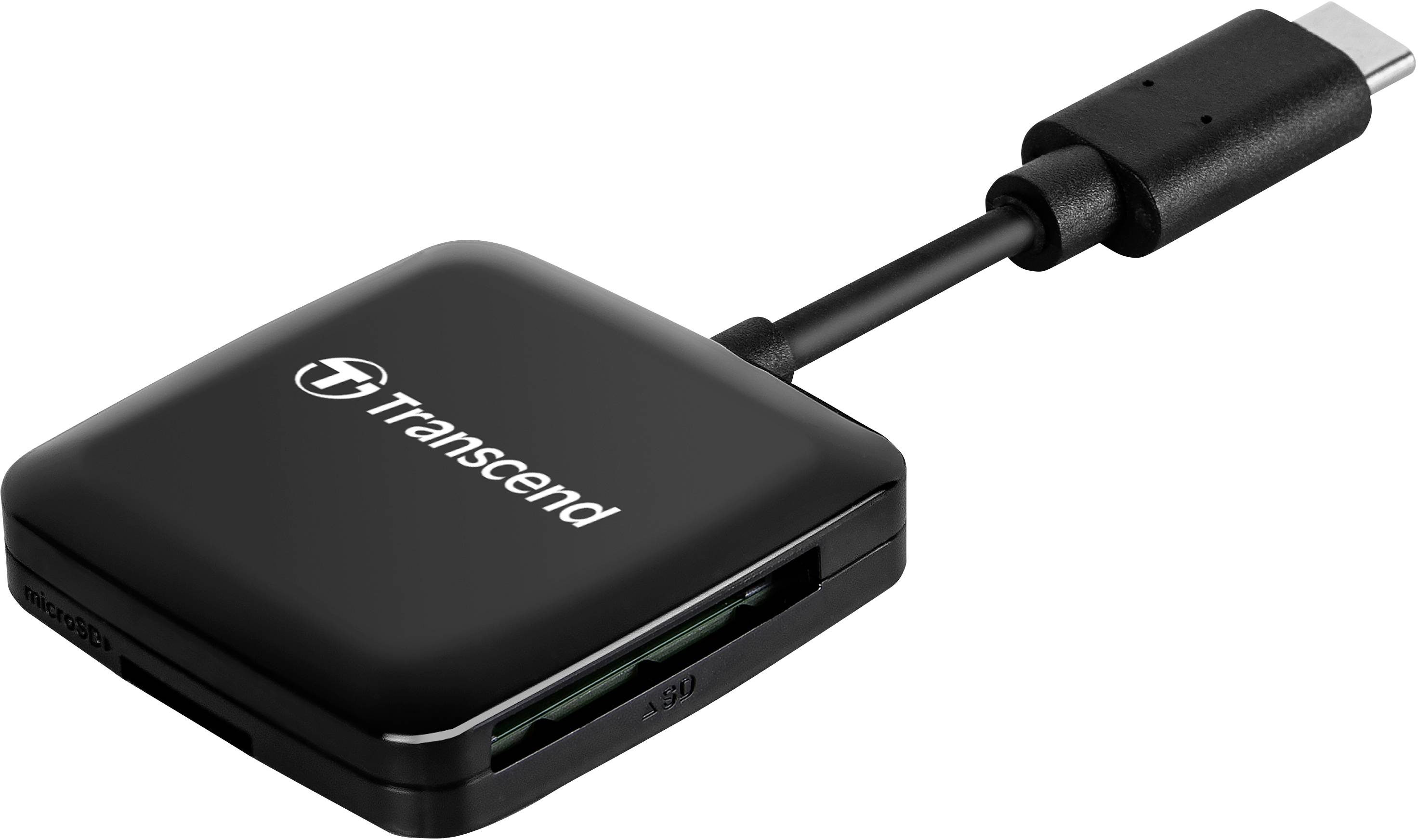 A black Transcend card reader with a USB-C connection that supports various memory card formats.