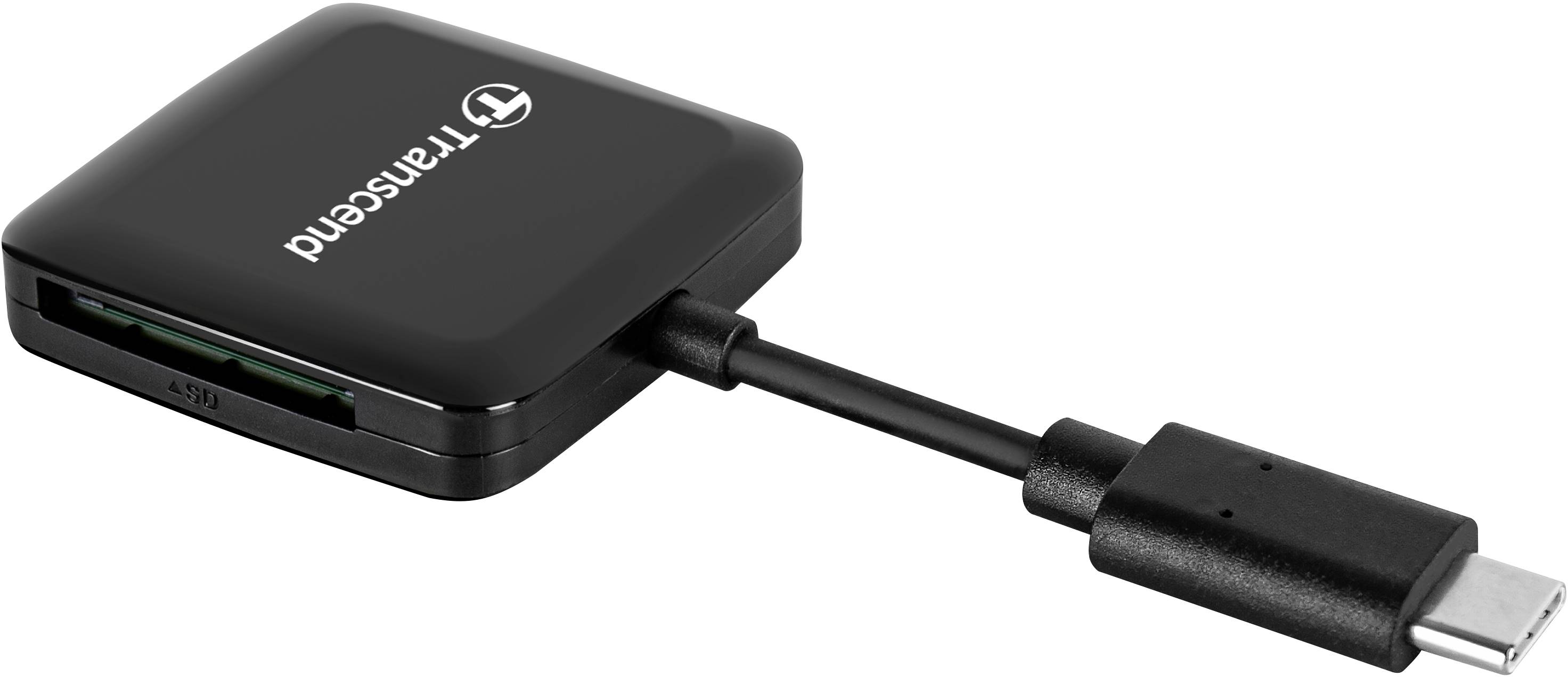Black Transcend card reader with a USB-C connection and a memory card slot.