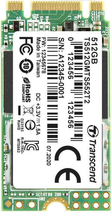 A 512GB M.2 SSD from Transcend. The label shows the model number 'TS512GMTS552T2' and origin 'Made in Taiwan'.