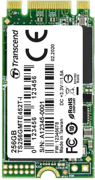 Transcend 256GB M.2 SSD, Model TS256GMTE452T-I, with technical specifications and test marks on the label, shown from above.
