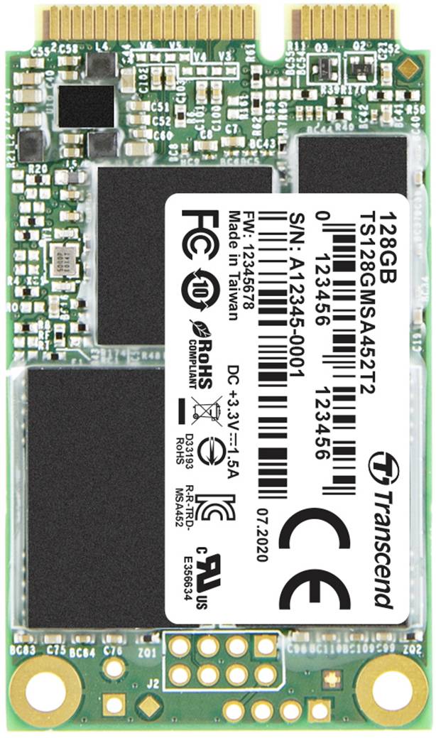 'Transcend 128GB mSATA SSD' storage card with various technical specifications and certification logos.