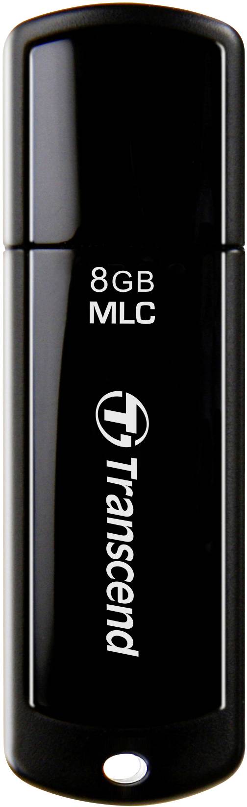 Black USB flash drive with the print '8GB MLC Transcend'.