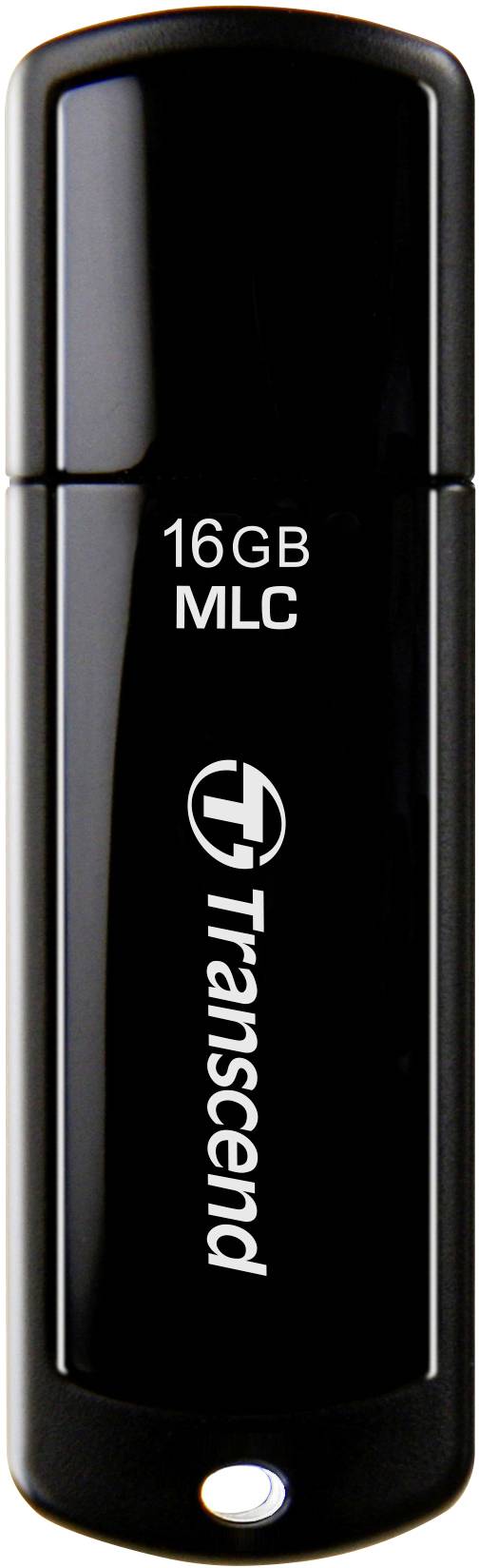 Transcend USB stick, 16GB capacity, black casing, vertical view.