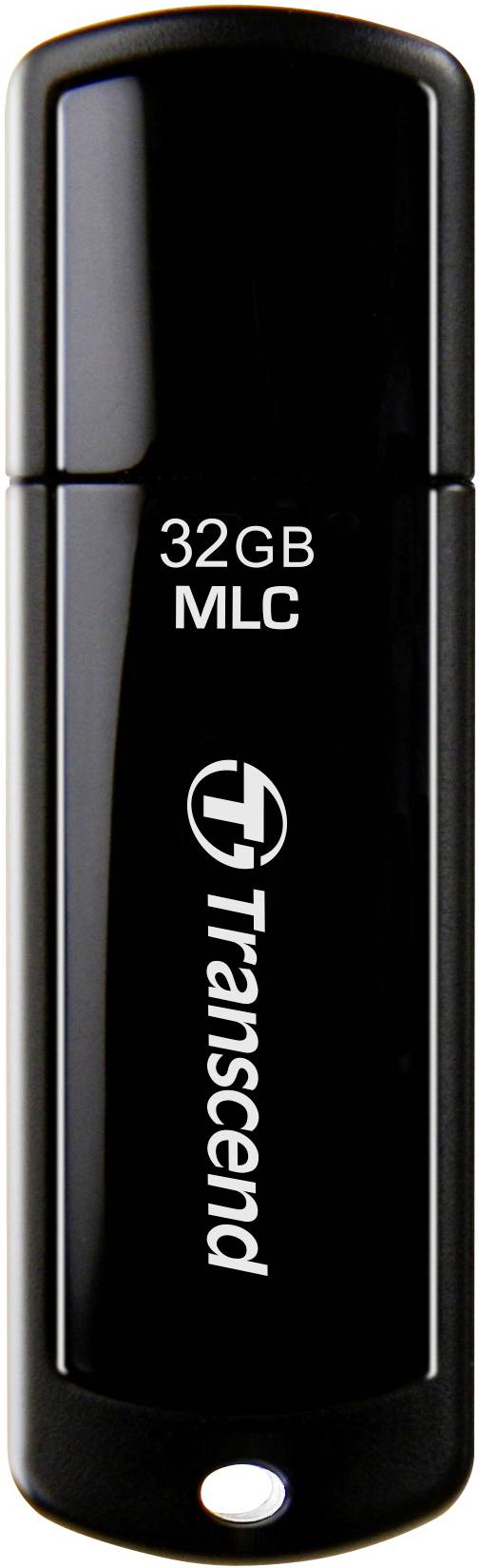 Black Transcend USB stick with '32GB MLC' inscription, suitable for storing and transferring digital data.