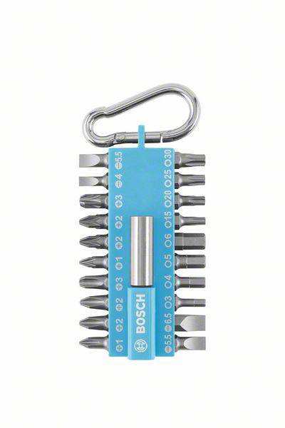 A set of 13 Bosch screwdriver bits with a carabiner, sizes ranging from PH1 to T30, alongside a blue holder with the Bosch logo.