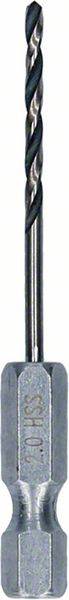 A silver drill bit with a hexagonal base and spiral drill head, suitable for precise drilling in metal or wood.