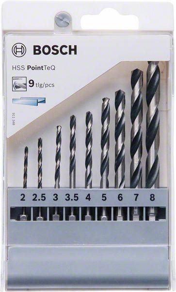 Bosch drill bit set with 9 metal drill bits in various sizes from 2.5 to 8 mm, in a transparent case.