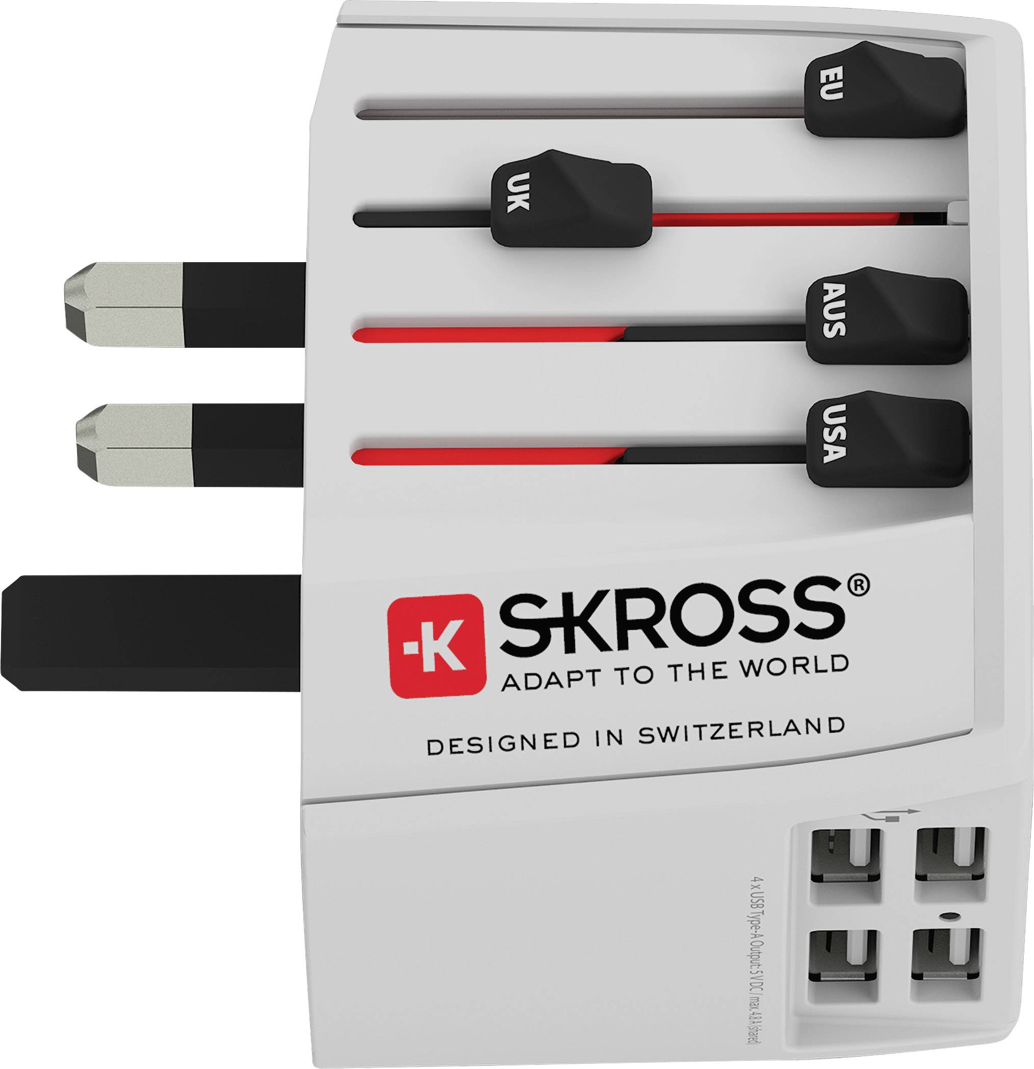 A travel adapter with multiple plug types (UK, EU, USA, AUS) by SKROSS, designed in Switzerland. Engineered for worldwide compatibility.