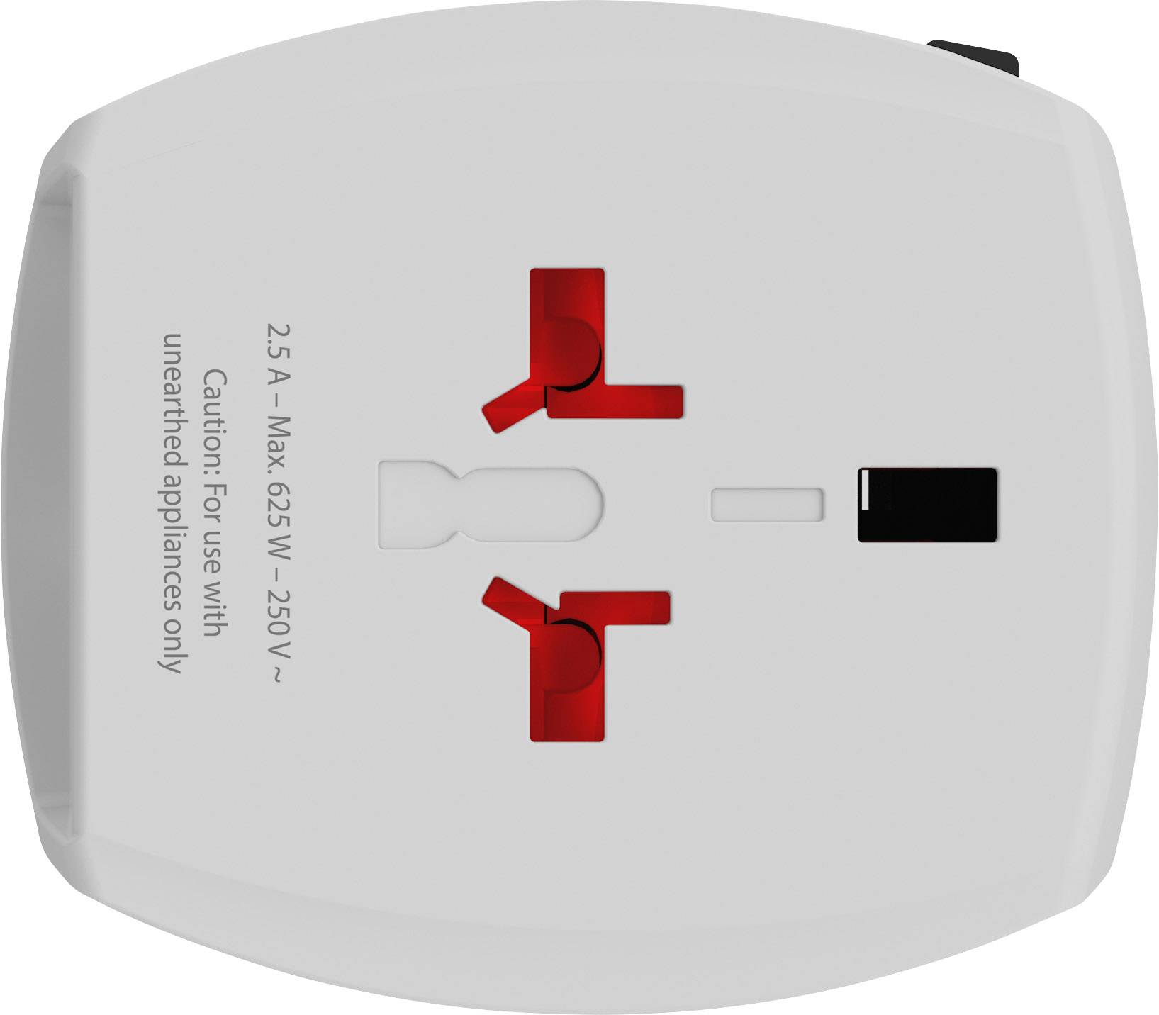 Universal adapter with two sockets and red safety switches. Labelled with: 2.5A Max 625W 250V. For non-earthed devices only.