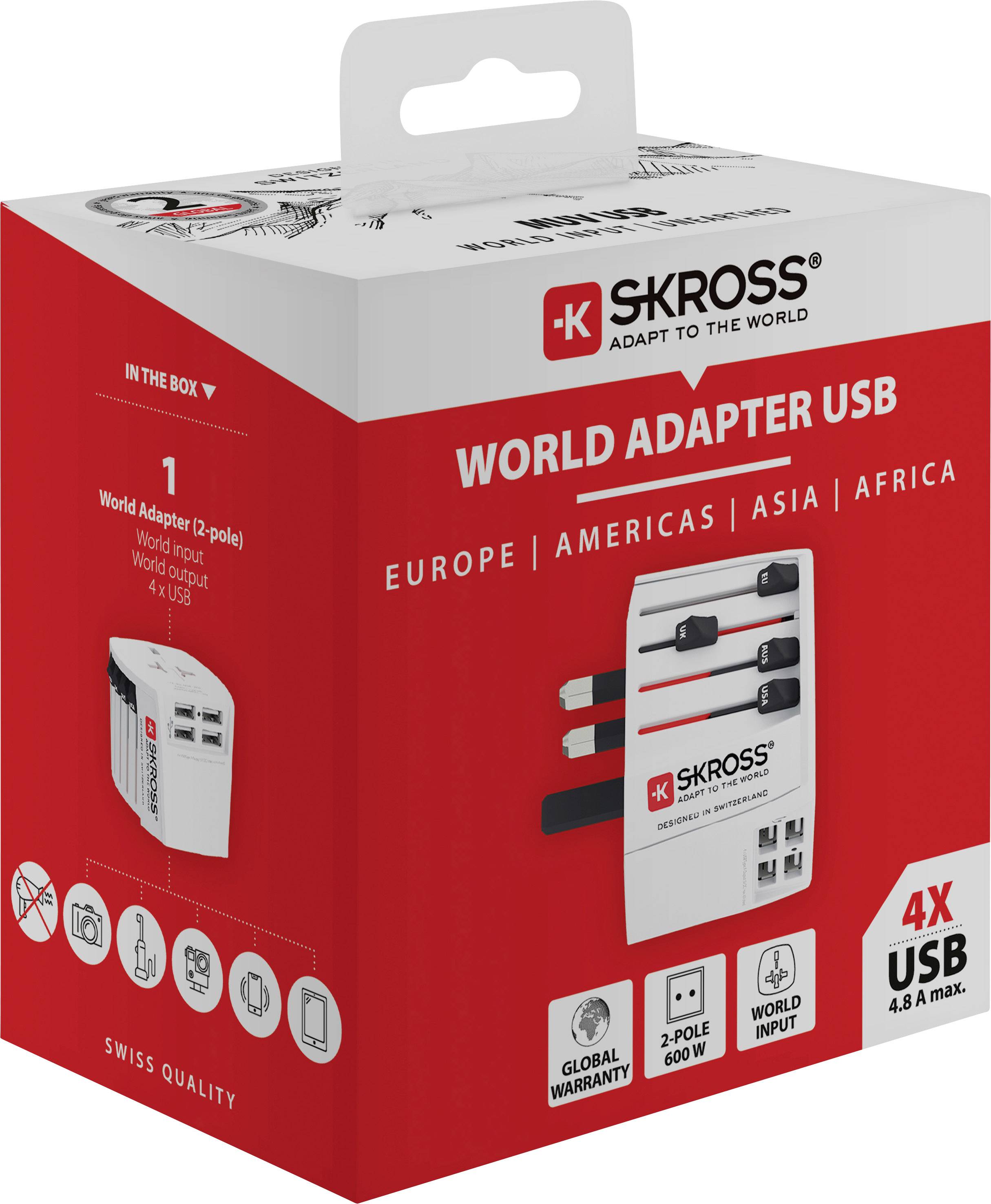 Red packaging of a SKROSS World Adapter USB. Adapter for Europe, America, Asia, Africa with 4 USB ports, 4.8 A max.