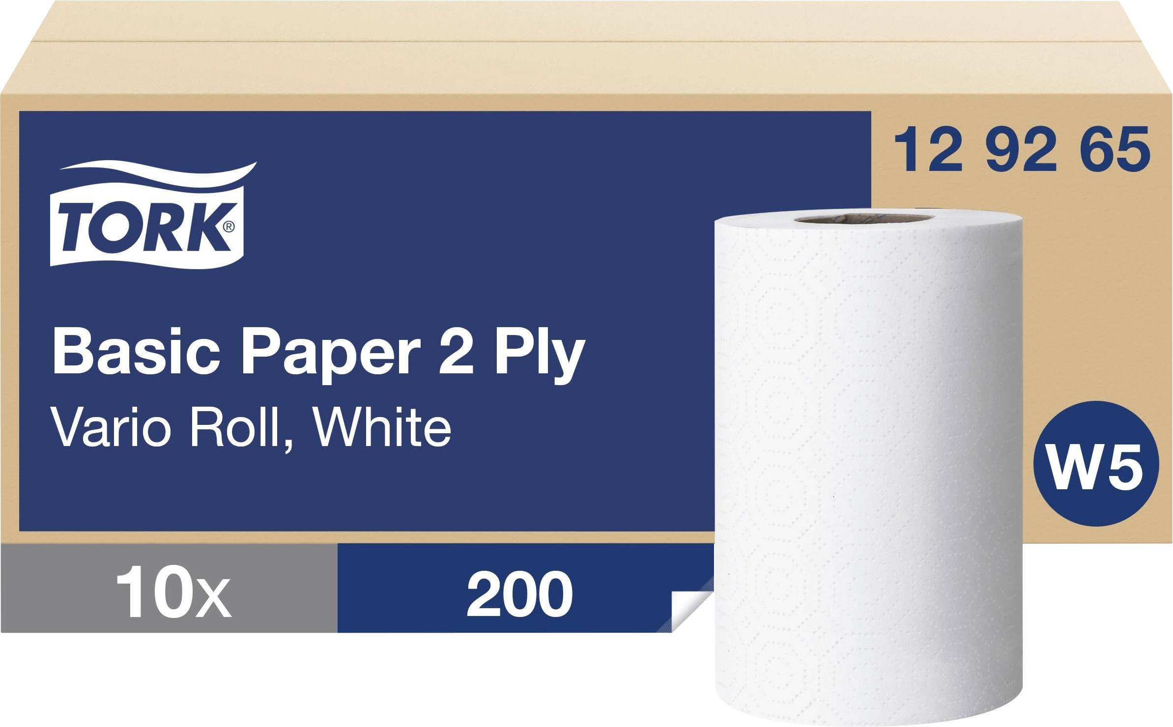 Tork Basic Paper 2 Ply Vario Roll, white paper towel roll package, 10 rolls of 200 sheets, W5 compatible.