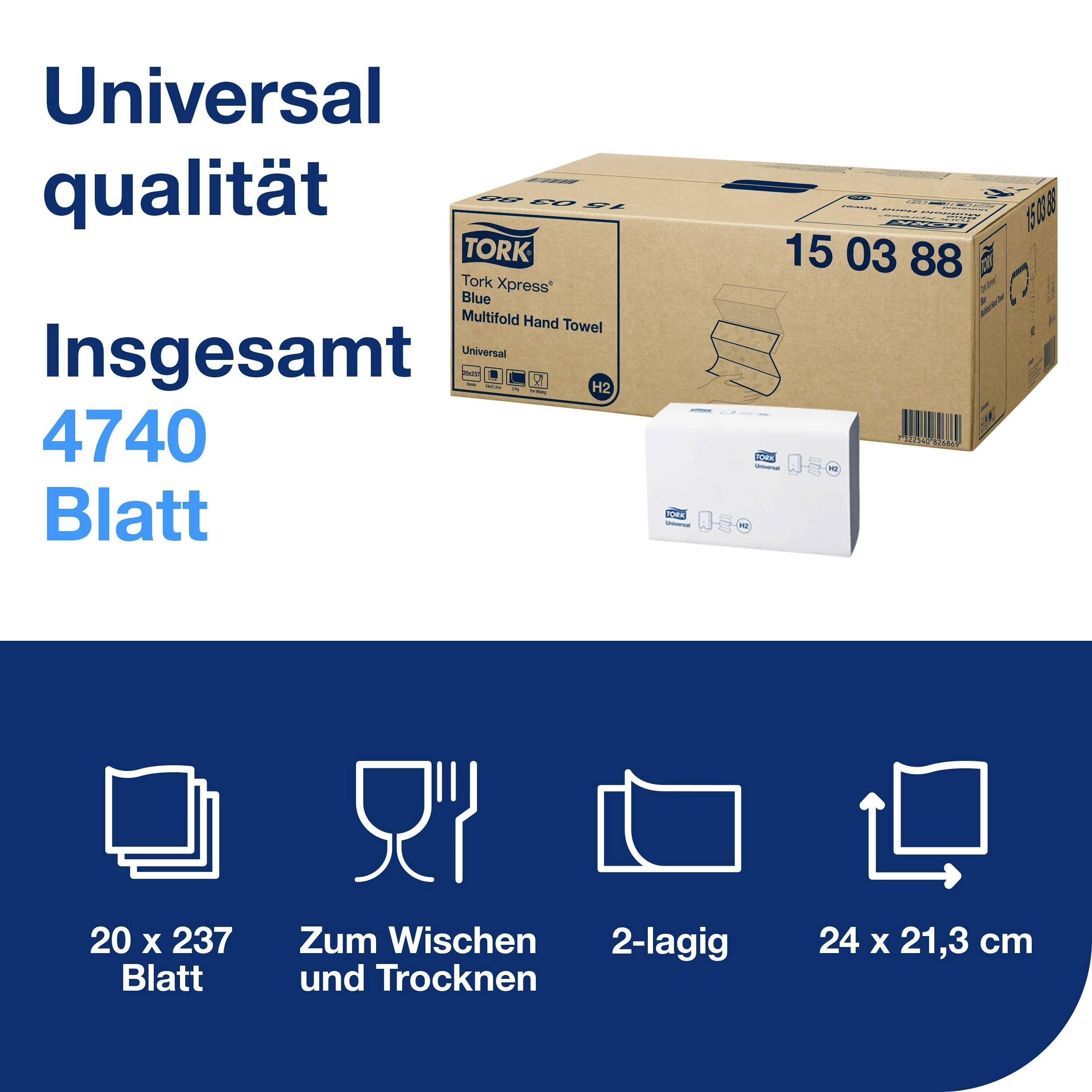 Tork Blue Paper Hand Towels. Text: 'Total 4740 Sheets'. Symbols: 20x237 sheets, wiping/drying, 2-ply, 24x21.3 cm.
