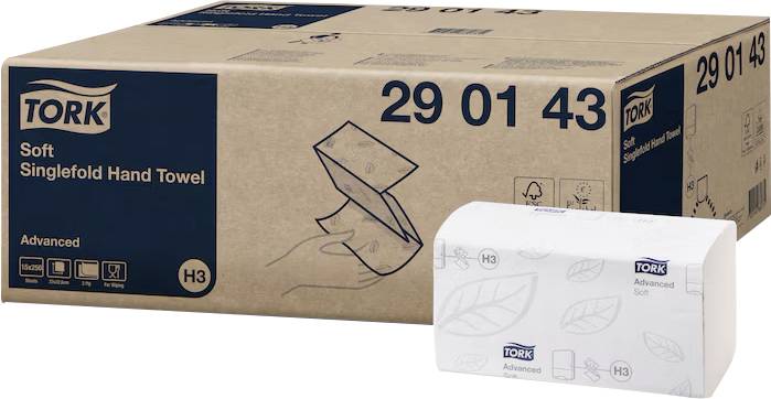 Cardboard box with blue details, labelled 'Tork Soft Singlefold Hand Towel Advanced'. A loose hand towel with the Tork logo is next to it.