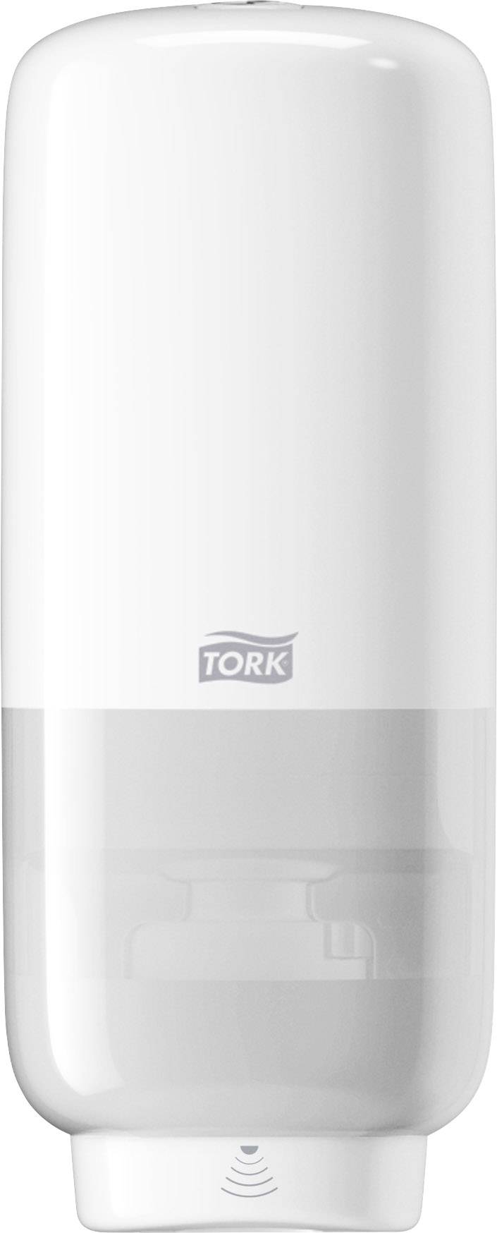 A white, wall-mounted soap dispenser with a transparent section to view the fill level. 'Tork' brand logo on the front.