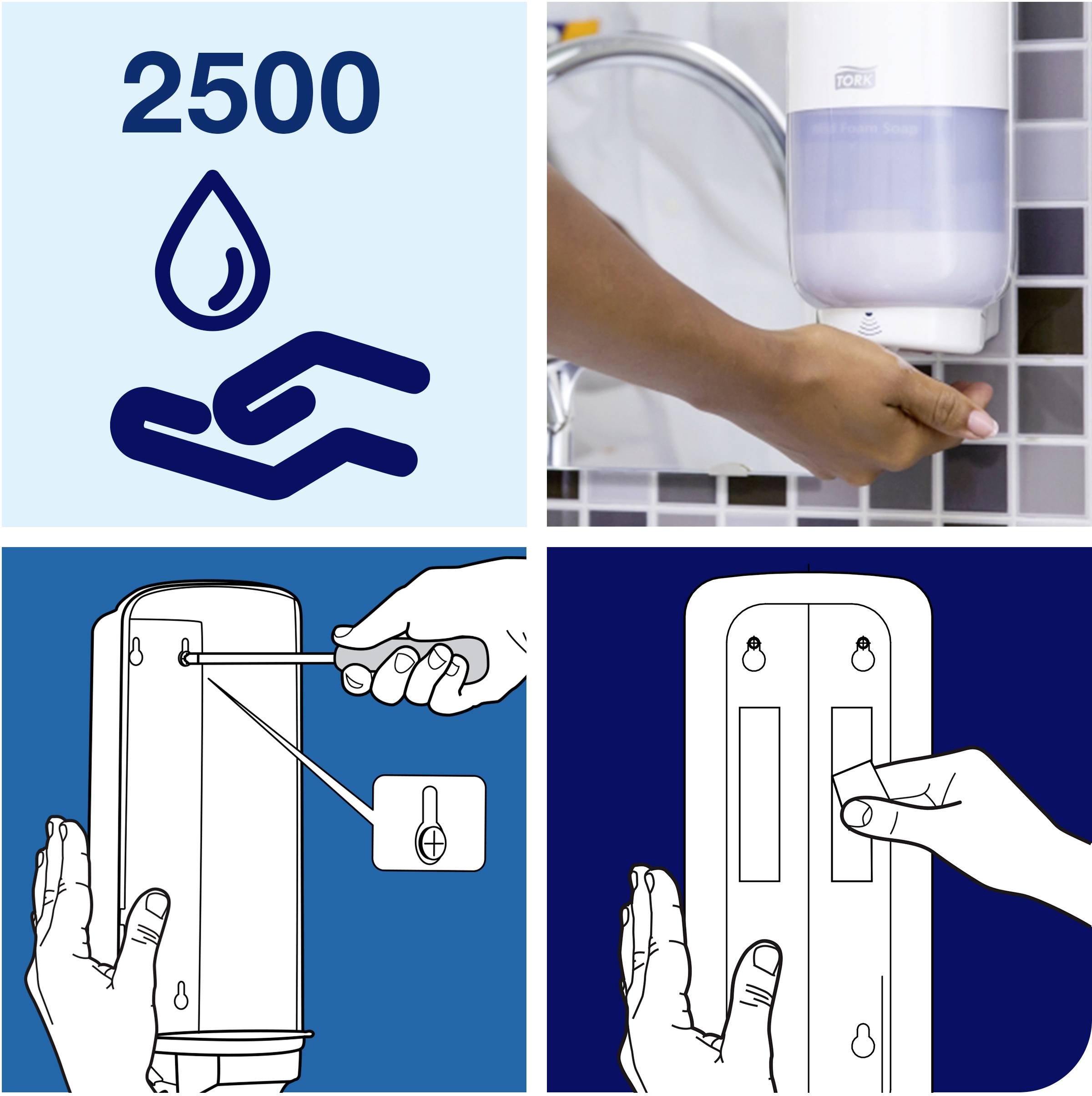 '2500 Drops' over a symbol of a hand with a droplet. Top right: Hand operating soap dispenser. Bottom: Installation instructions for dispenser.