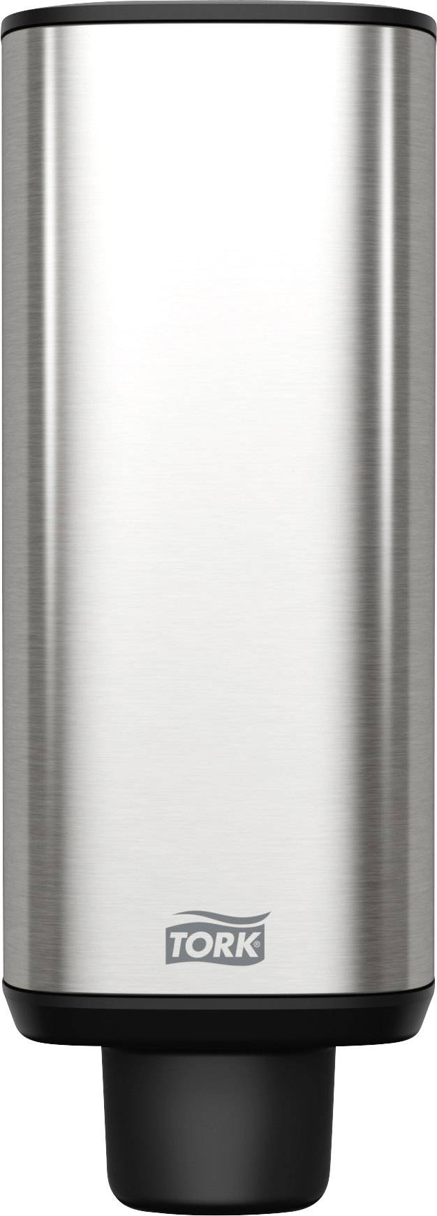 A stainless steel soap dispenser with a black outlet, marked with 'Tork' at the bottom edge.