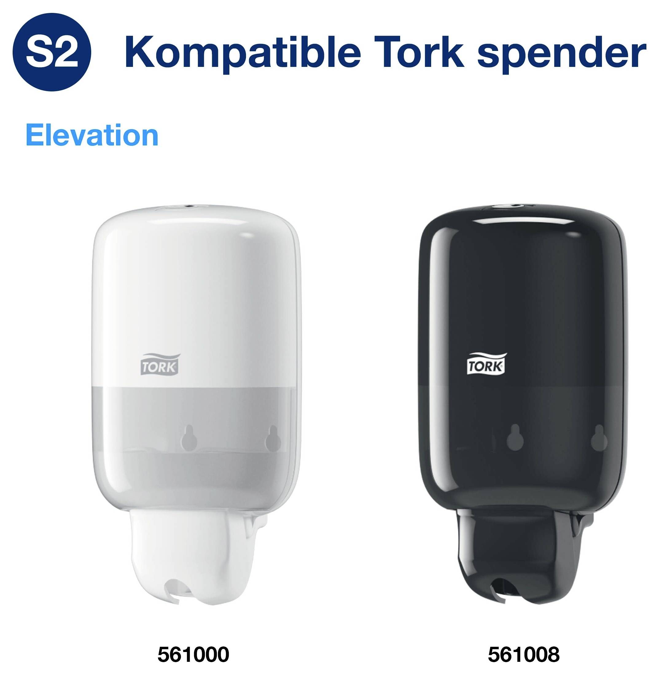 Two Tork soap dispensers S2 in white and black, front view; labelling 'Compatible Tork dispensers' and article numbers 561000 and 561008.