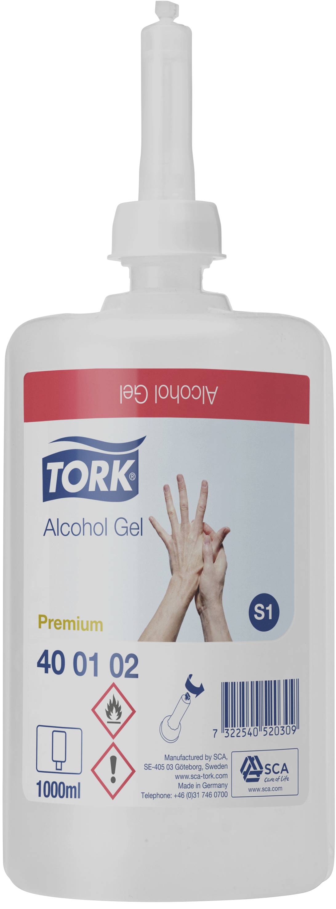 Hand sanitiser dispenser with transparent gel. Label reads: 'Tork Alcohol Gel Premium'. 1000 ml volume. Contains warning symbols.