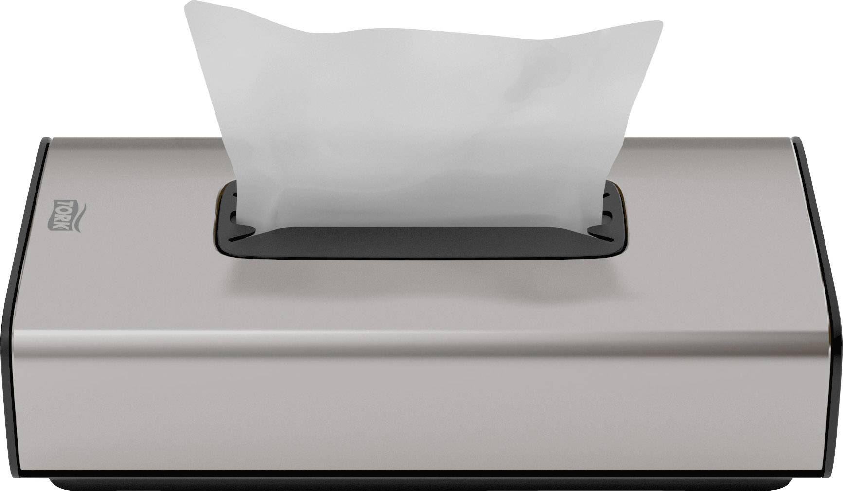 A stainless steel storage dispenser with a prominent white cloth in the centre, placed on a smooth surface.