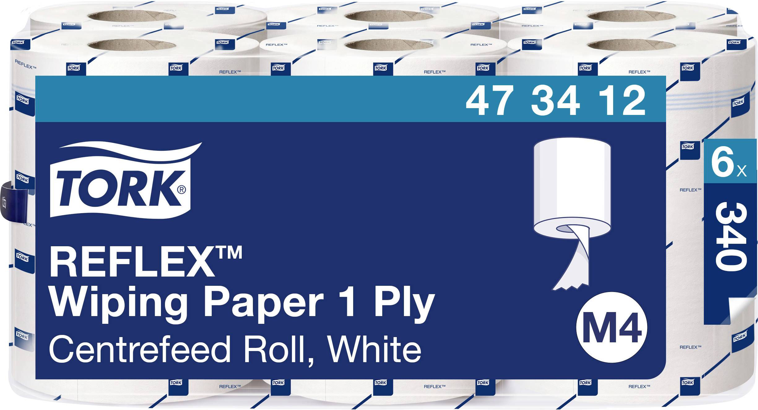 Pack of twelve white TORK REFLEX disposable wipes in roll form, 1-ply, M4 System, with item number 47 34 12.