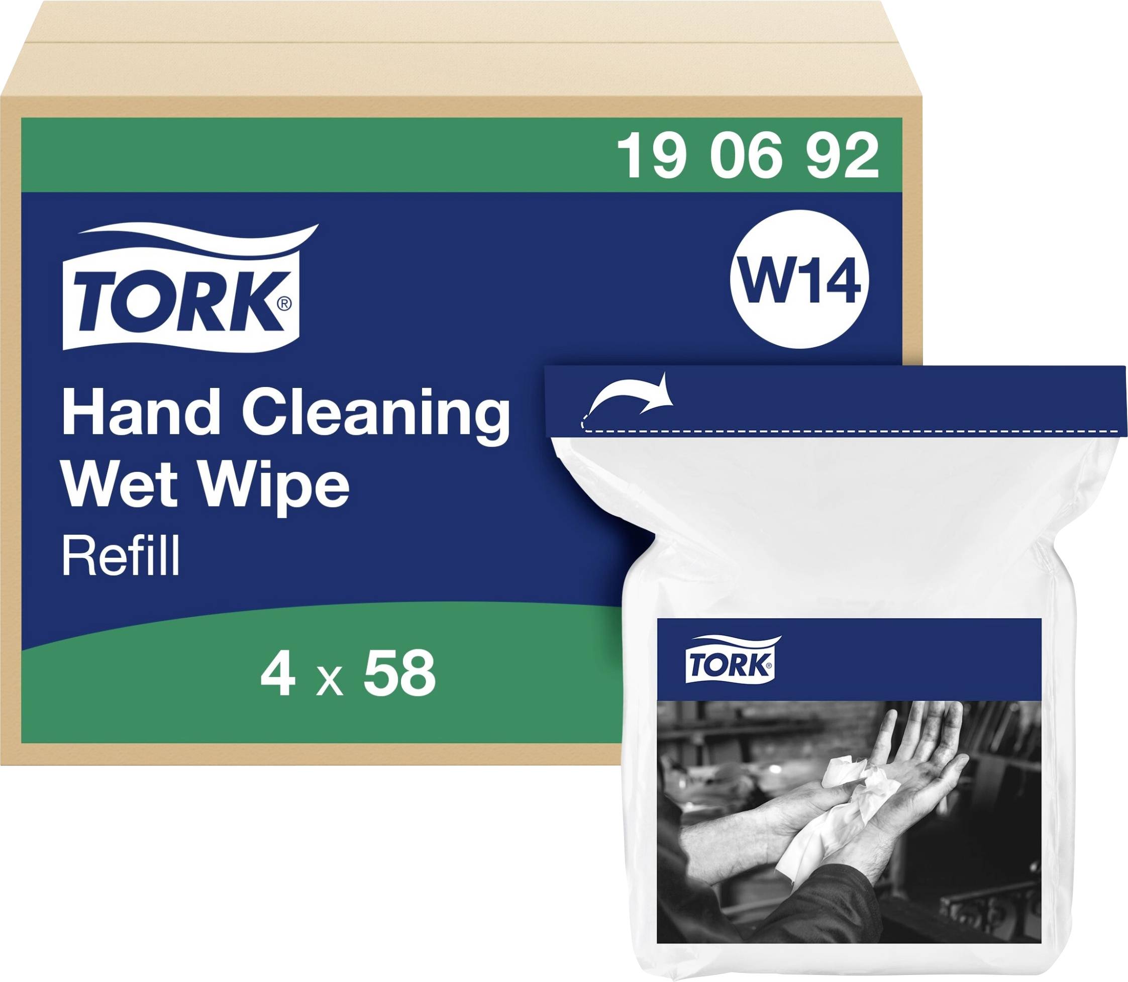 Packaging with text: Tork Hand Cleaning Wipes Refill Pack, 4 x 58. Image shows hands using a wet wipe.