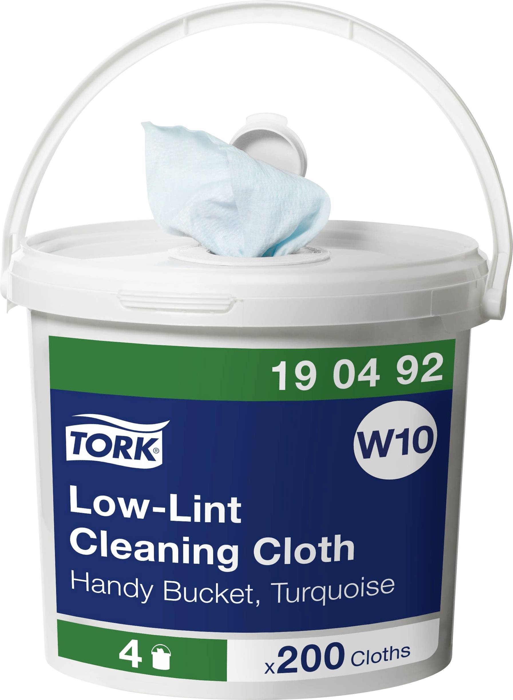 Bucket with Tork Low-Lint Cleaning Wipes, turquoise; 200 wipes in a portable bucket.