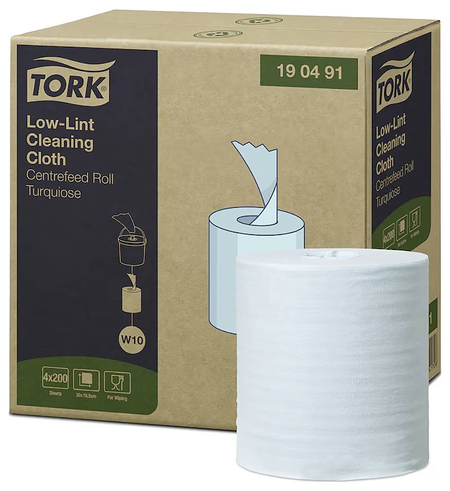 TORK Low-Lint Cleaning Cloth box and turquoise roll shown. Designed for centerfeed dispensers. Box labeled '19 04 91'.