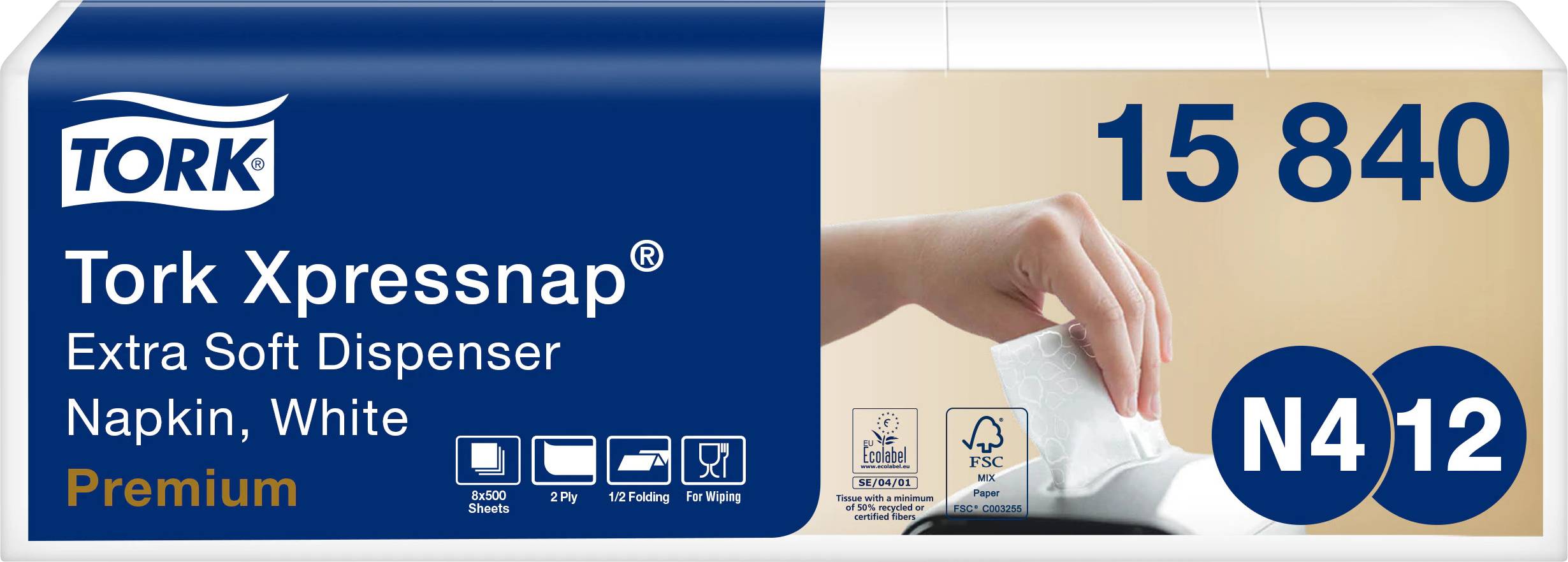 Tork Xpressnap Extra Soft Dispenser Napkin, White. Premium, N4 1/2. Bild zeigt Hand, die Serviette aus Spender zieht.