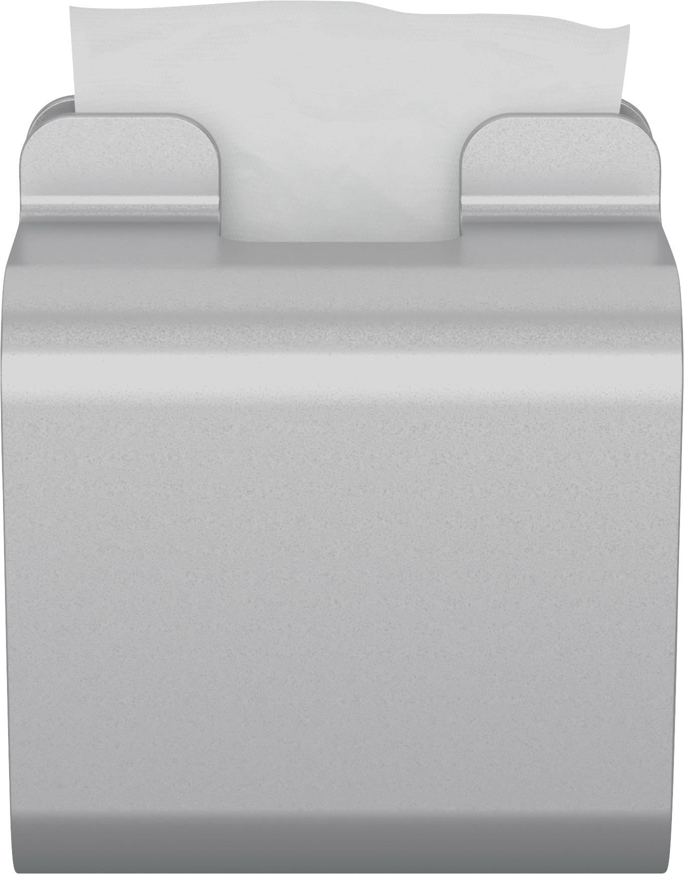 Metal towel dispenser with a white paper towel pulled out, mounted on a wall.