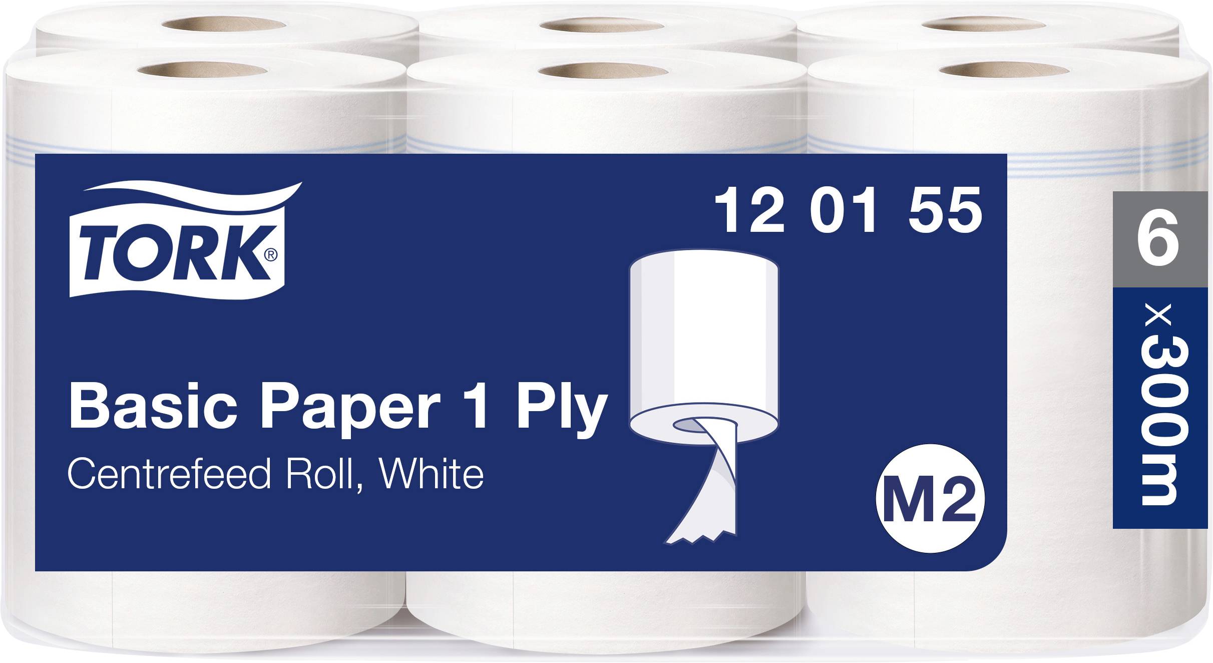 A pack of six Tork Basic paper rolls, 1-ply, centre-feed, white. Each roll is 300 m long.