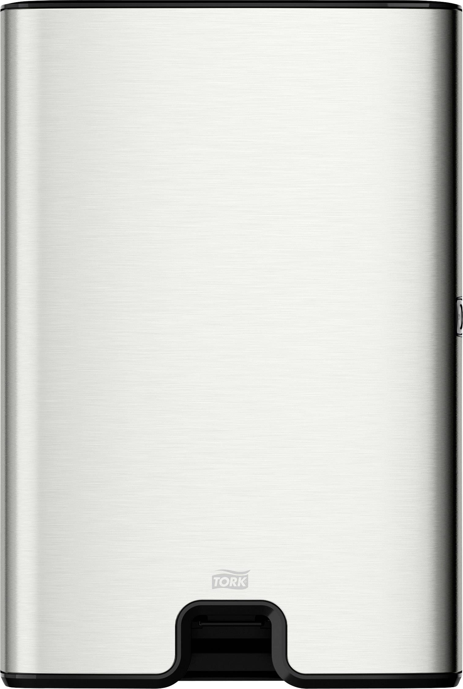 A silver paper towel dispenser, rectangular, with a black opening at the bottom, stands against a neutral background.