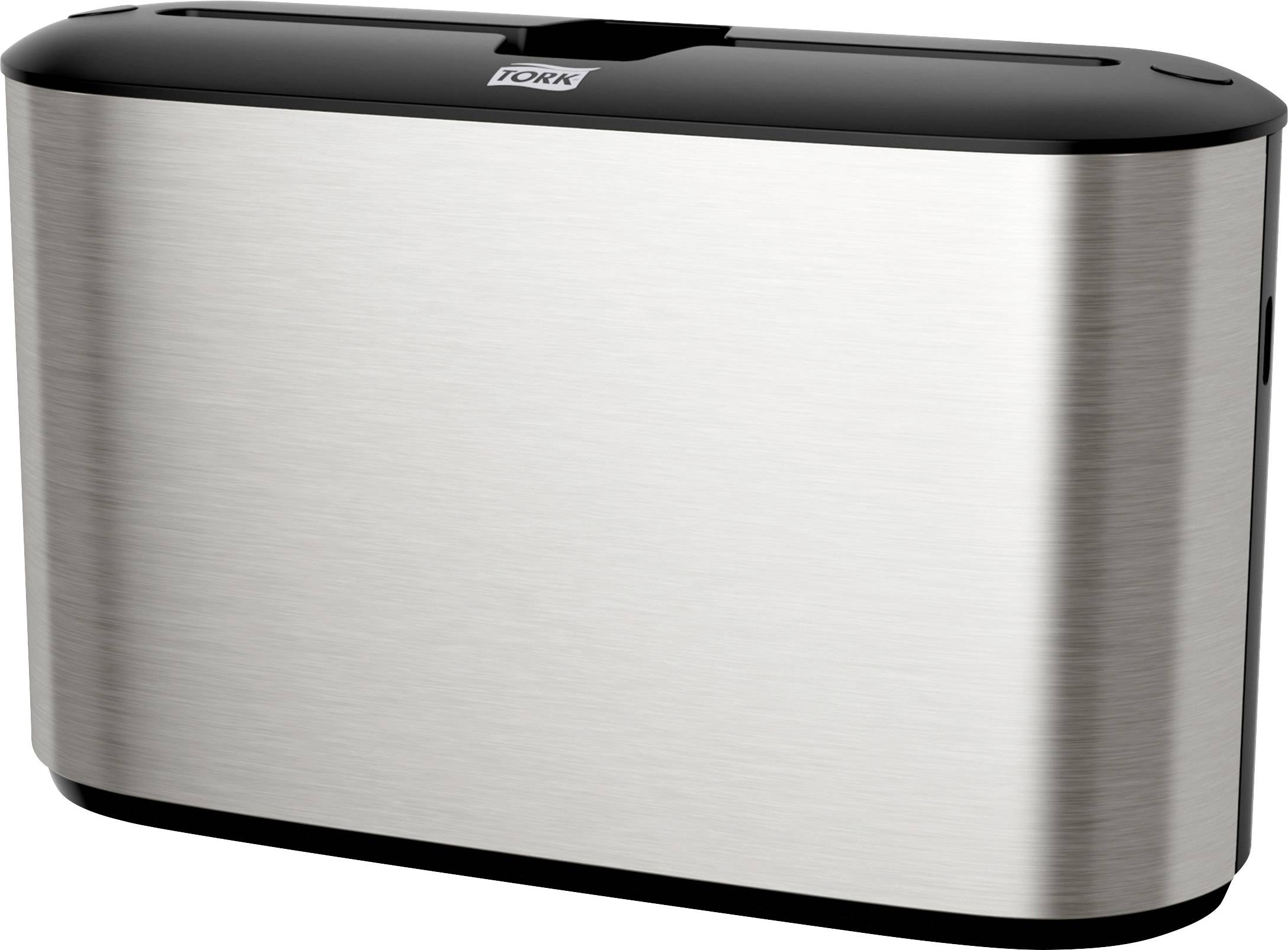 A silver metal paper towel dispenser with a black upper rim, suitable for commercial washroom facilities.