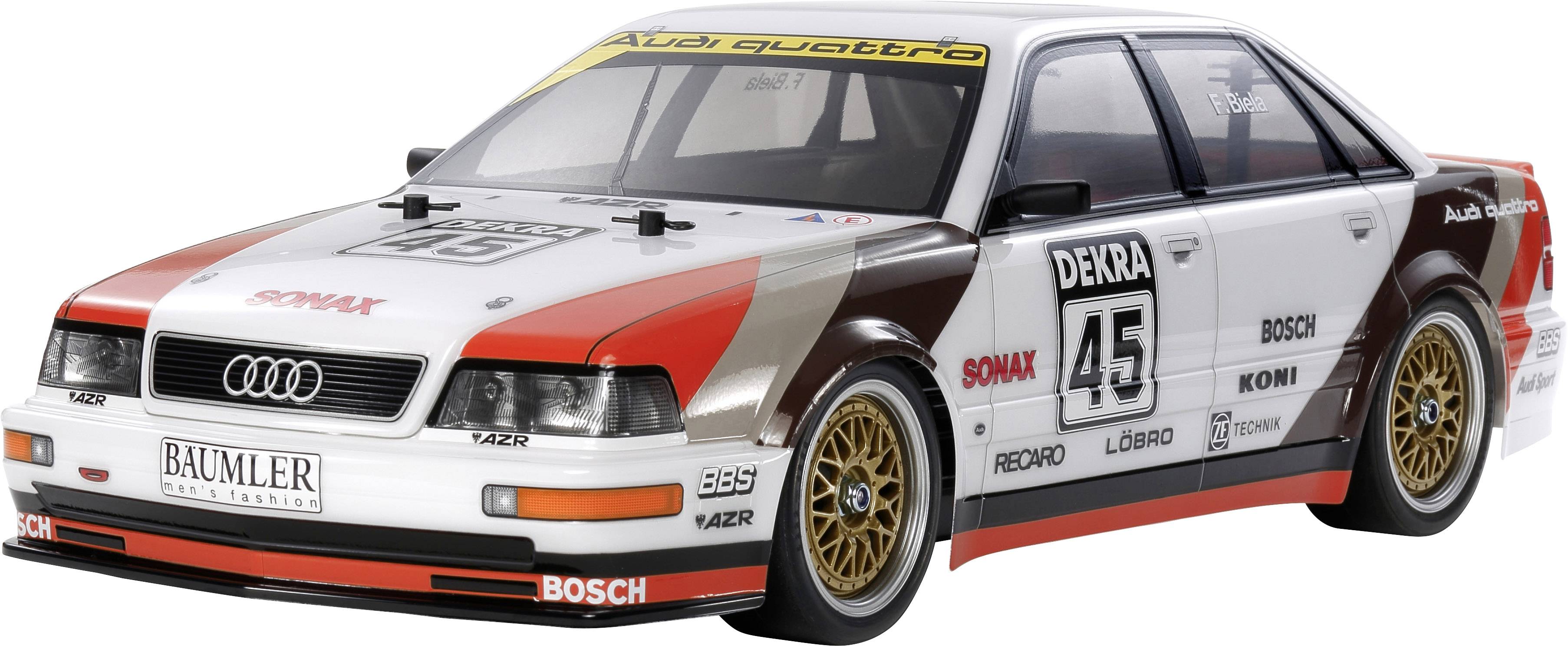 A white touring car with the number '45' and stickers from sponsors such as 'Dekra' and 'Bosch' on a racing vehicle design.