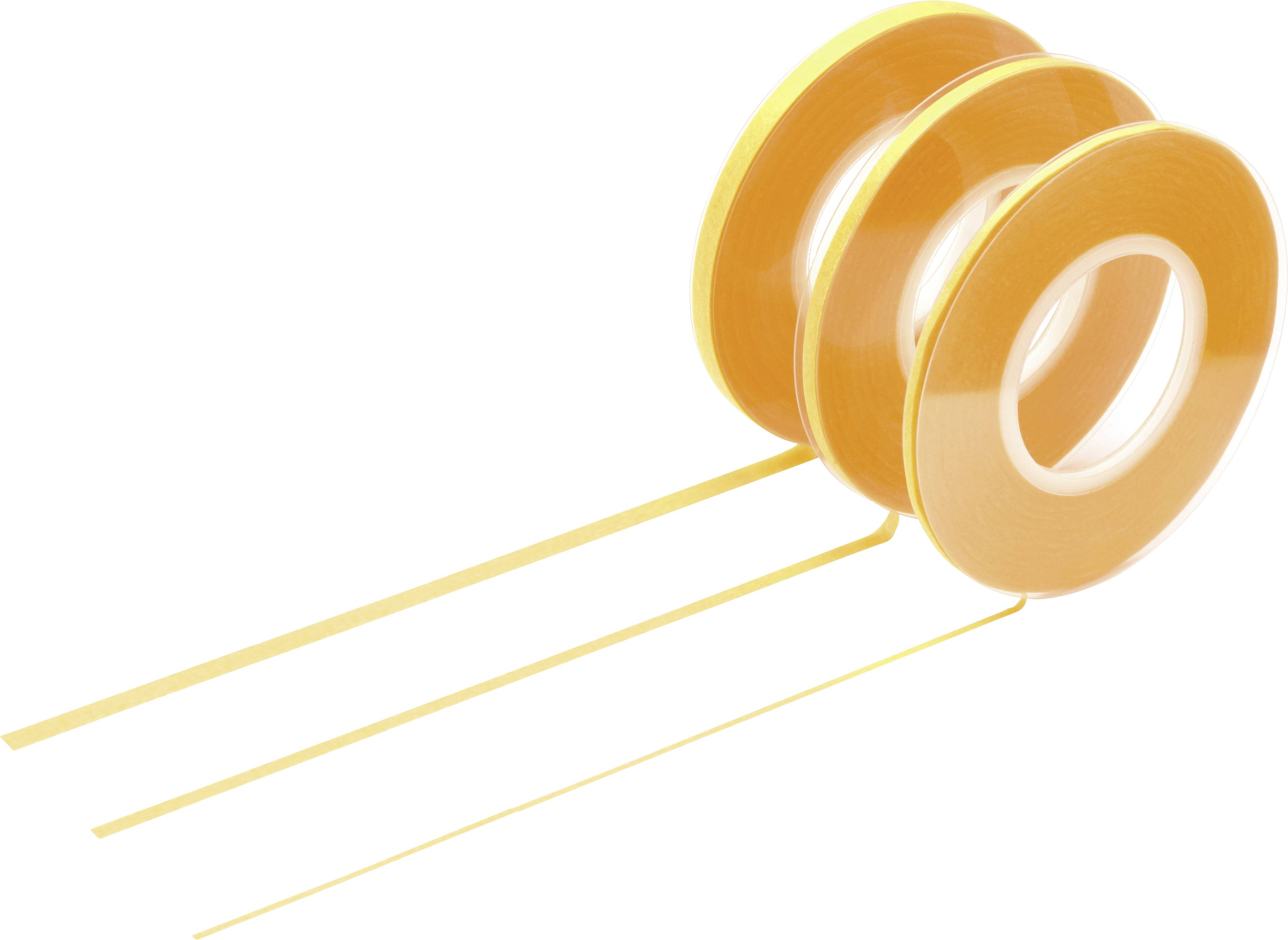 Three rolls of yellow adhesive tape are lined up side by side, each with a long strip of tape pulled out from the roll.