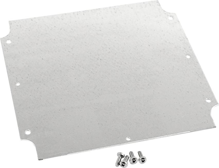 Metal plate with rounded corners and four screws in the bottom right corner, lying on a white surface.