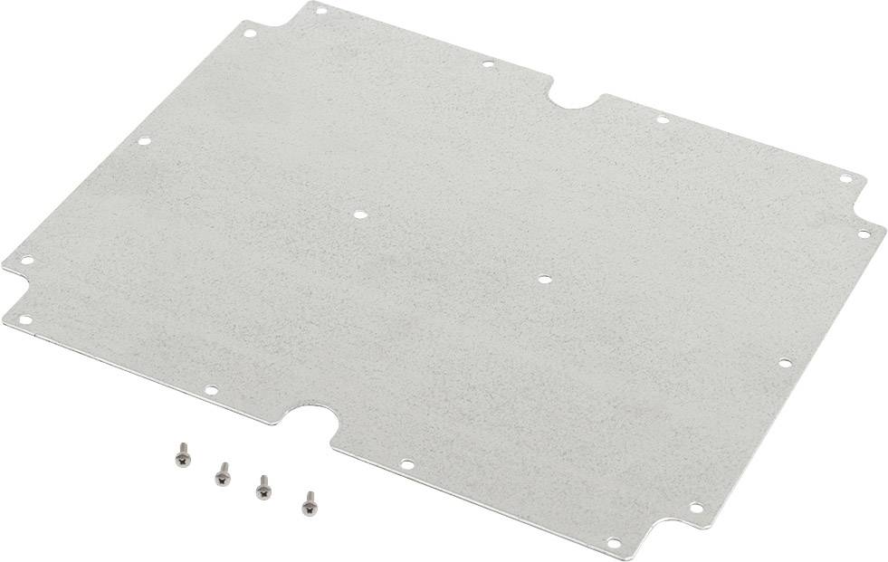 Metal plate with rounded corners and four screws beside it.