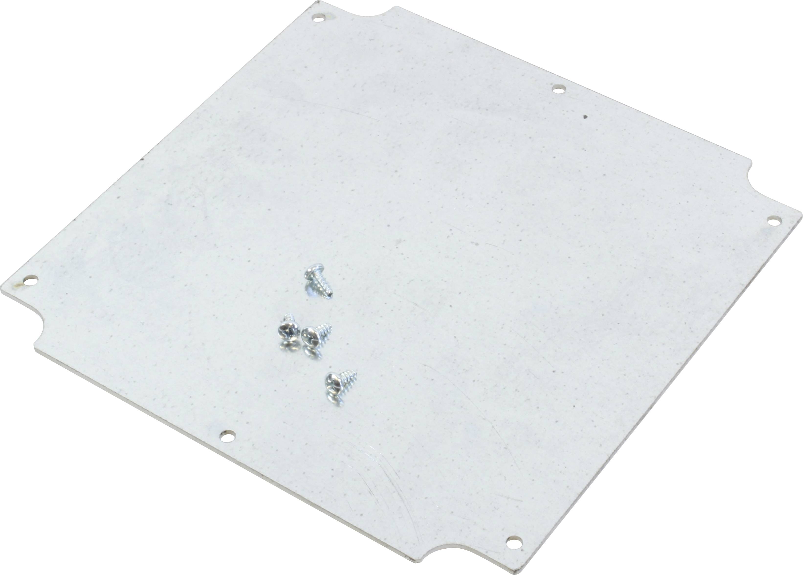 Metal plate with rounded corners and four small holes. Five small screws are lying loosely on the plate.