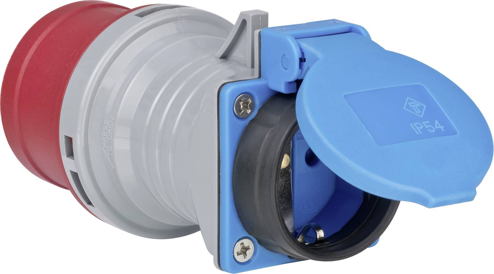Blue industrial electrical socket with protective cover and red-gray connector housing on a white background.