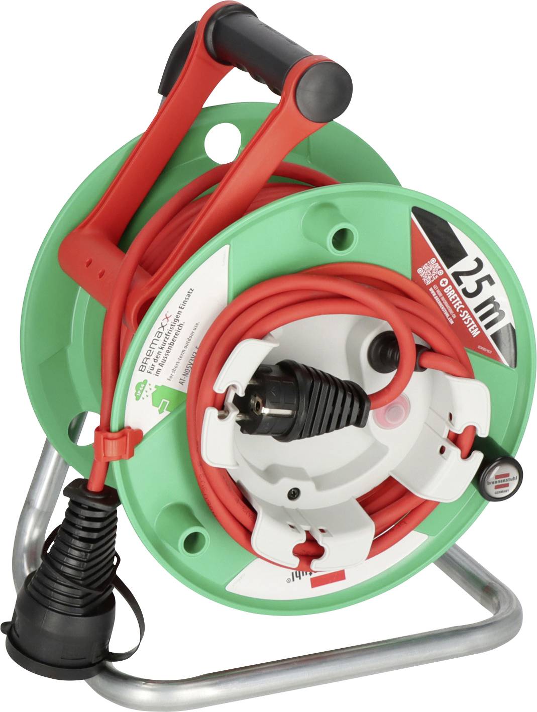 A green extension cord reel with a red cord wrapped around it, a black plug and handle, and a '25 m' length label.